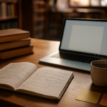Meja belajar di perpustakaan dengan buku, catatan penelitian, dan laptop untuk membandingkan metode penelitian